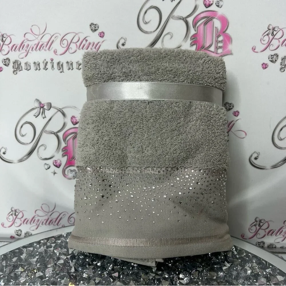 2 set hand towels bling rhinestone silver grey  Towel Set with Silver Ribbon